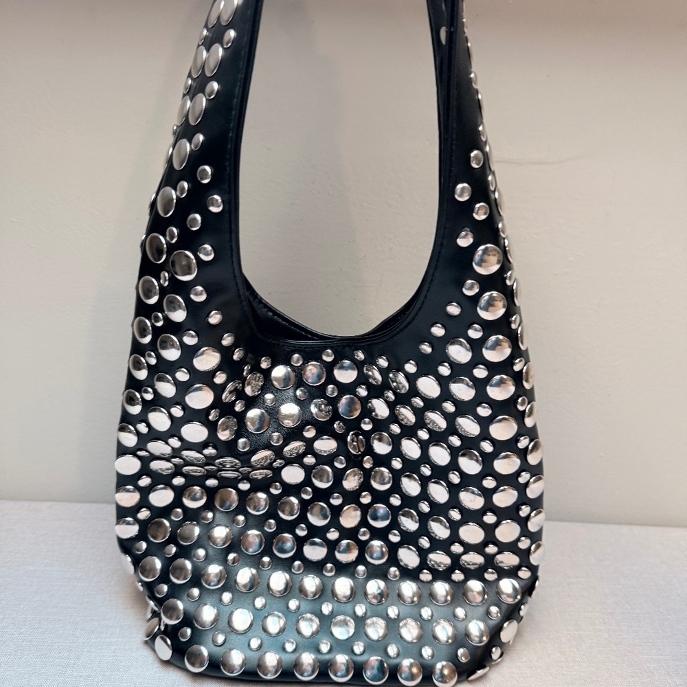 Black Studded Hobo Bag with Silver Accents